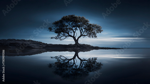 Digital blue water tree reflectionr scene abstract graphic poster web page PPT background