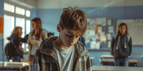a depressive boy bowed her head down and stands in the middle of a classroom at school. Bullying at school. photo