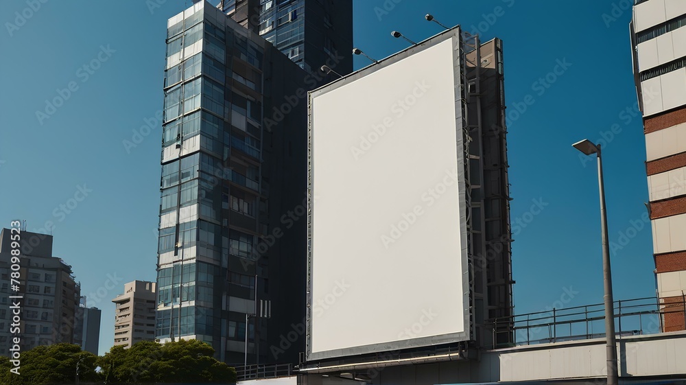 Obraz premium Low angle view of a billboard against a clear blue sky. advertising.OOH.｜屋外看板、広告