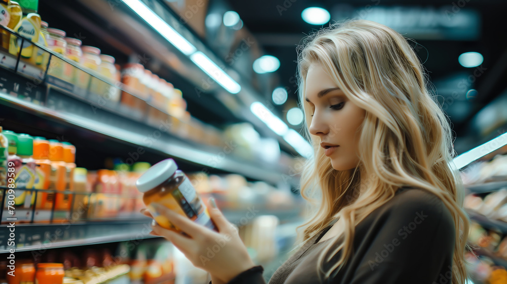 A woman stands in a grocery store aisle, carefully comparing products on the shelves. The process of informed decision-making while shopping. Generative AI.
