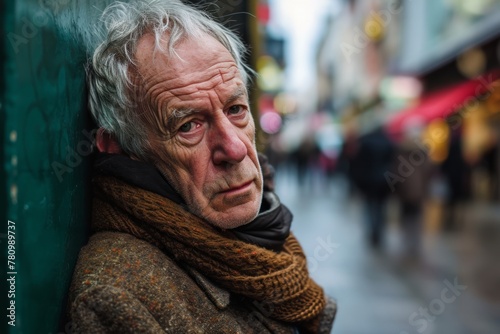 Portrait of an elderly man in the city. Shallow depth of field.