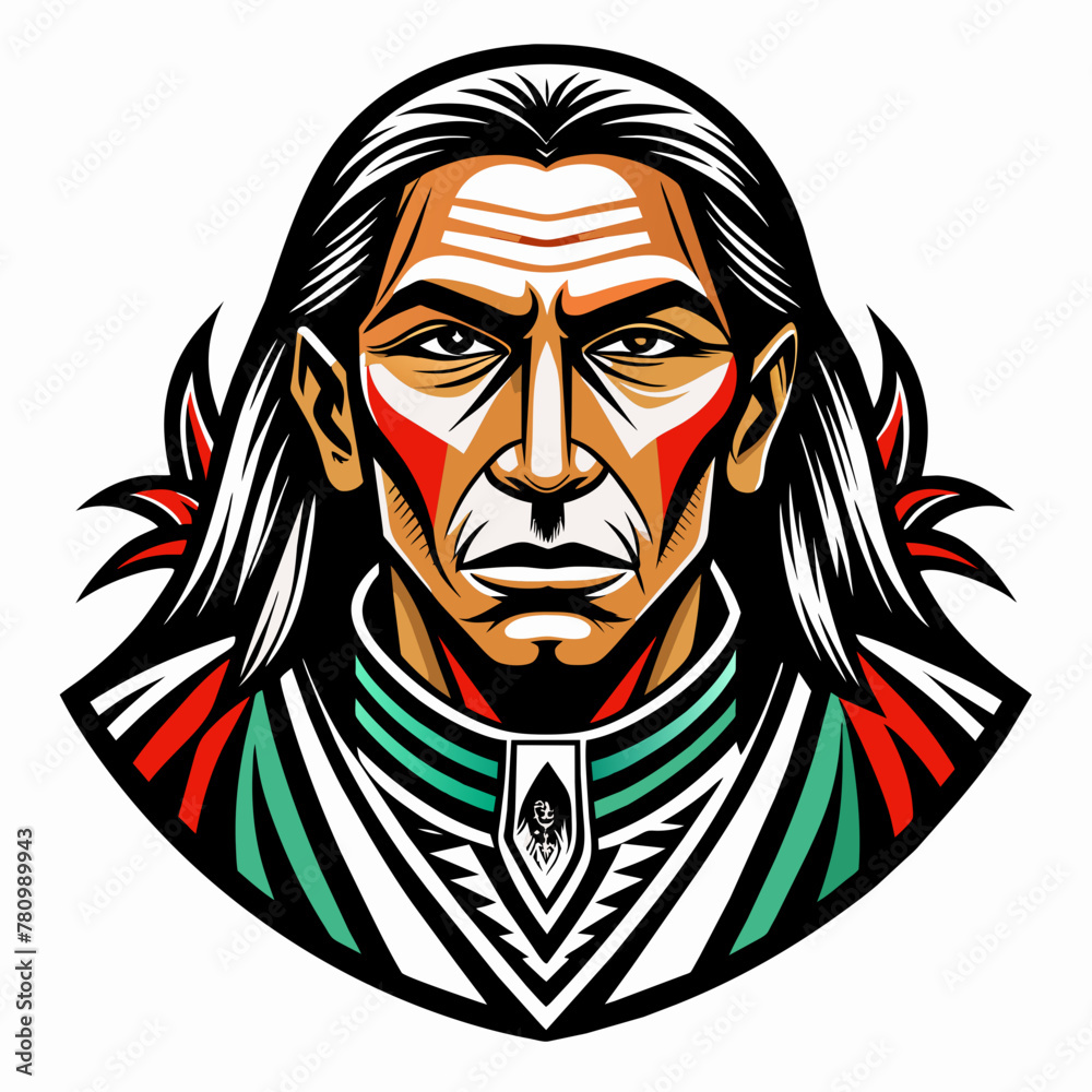 SVG native american, Tattoo stencil,vector logo drawing, flat colors, realistic native american symetric portrait