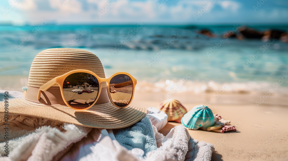 women's sunglasses, sun hat, beach towel on the beach, seaside, sunny beach day fun, summer time women's sunglasses, sun hat, beach towel on the beach, seaside, sunny beach day fun, summer time