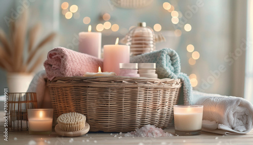 Spa settings with candles in a Wicker Basket photo