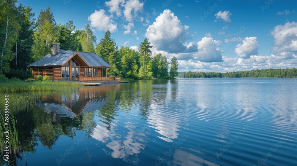 A peaceful lakeside retreat surrounded by verdant forests, with shades of blue reflecting in the water and white clouds drifting overhead.