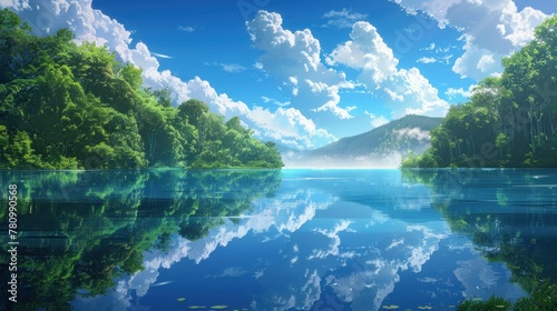 A peaceful lakeside retreat surrounded by verdant forests, with shades of blue reflecting in the water and white clouds drifting overhead. photo
