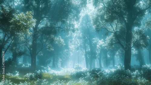 A serene forest clearing bathed in soft blue light, with hints of green foliage peeking through the mist.