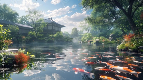A serene Japanese garden with a koi pond, featuring delicate greenery and a backdrop of azure skies. © 2D_Jungle