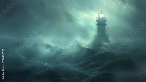 A lighthouse keeper scans the stormy sea with their trusty lantern ready to guide any lost ships to safety. The bright light atop the lighthouse pierces through the fog serving as . © Justlight