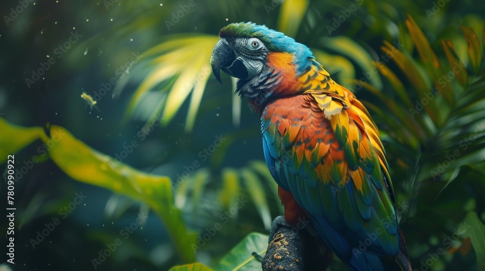 Colorful parrot on branch in lush setting