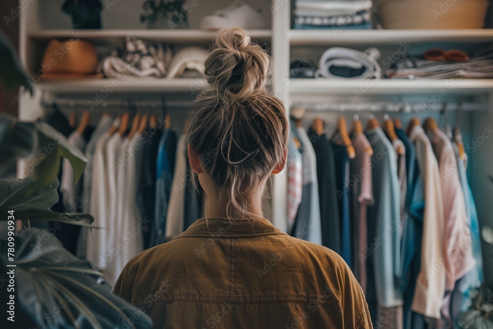 Woman near closet choosing clothes Woman near closet choosing clothes
