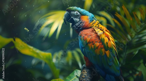 Colorful parrot on branch in lush setting © 2rogan