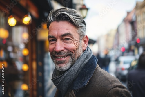 Portrait of a handsome senior man smiling at the camera while walking down a street in London.