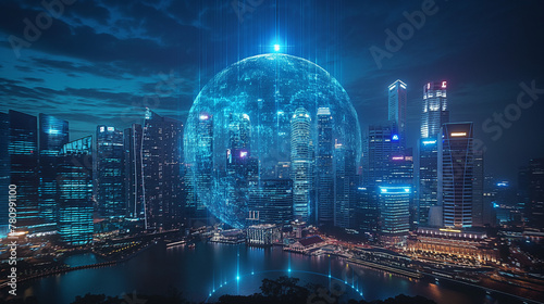 Night Singapore city skyscraper downtown panoramic view. Digital interface with hologram of virtual globe, rocket start up, message in the foreground. Concept of international trading in megapolis.