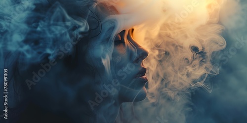 Female's face is obscured by smoke, creating a surreal and dreamlike atmosphere photo