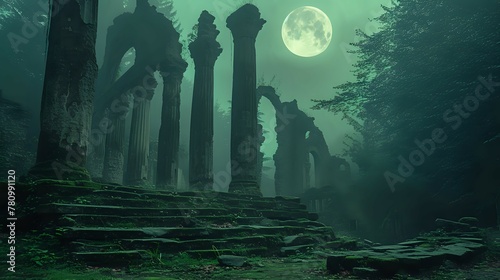 Mystical Ancient Sanctuary in Moonlight./n