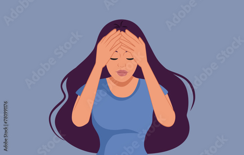 Sad Unhappy Woman Suffering a Headache Vector Cartoon illustration. Sick lady feeling uncomfortable and dizzy from a migraine episode 
