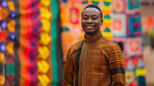 Standing in front of a colorful backdrop a black man dons a tailored shirt and pants made from kente cloth. His confident smile and proud stance reflect a deep appreciation for the . © Justlight