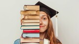 A woman holding a stack of books and a diploma with a look of pride and accomplishment on her face. In the before image she is a stressed and overwhelmed student but in the after image .