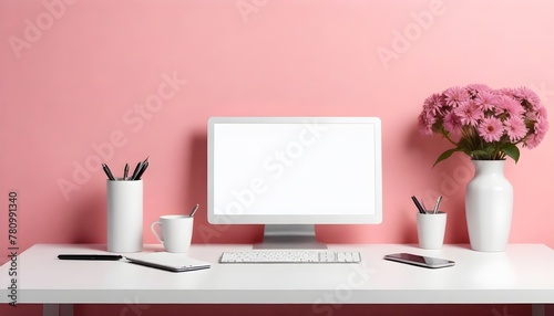 minimalist desk design with small details, stand flowers computer computer phone notepad pen notebook, horizontal view, minimalist style, on pinq background photo
