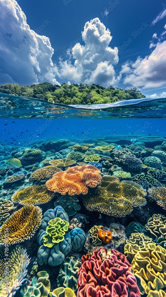 Create a captivating image showcasing diverse marine life from colorful corals to majestic sea creatures
