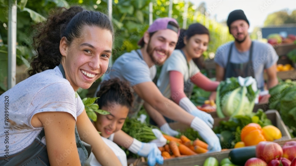 A group of smiling individuals wearing aprons and gloves as they work together to collect discarded fruits and vegetables from a local farmers market. .