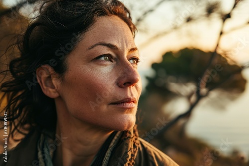 Portrait of a beautiful middle-aged woman on a background of nature.