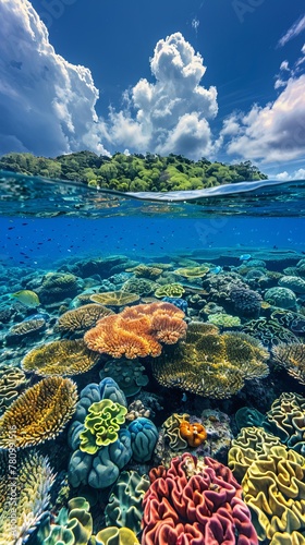 Create a captivating image showcasing diverse marine life from colorful corals to majestic sea creatures