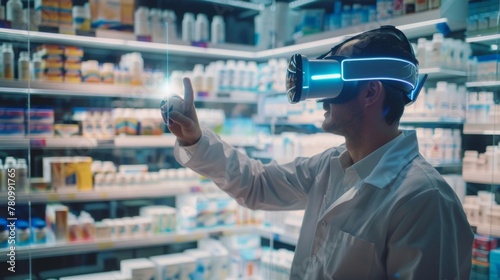 In a sleek and modern pharmacy a pharmacist dons a virtual reality headset as they interact with a holographic display of various medications. With a swipe of their hand they can access .