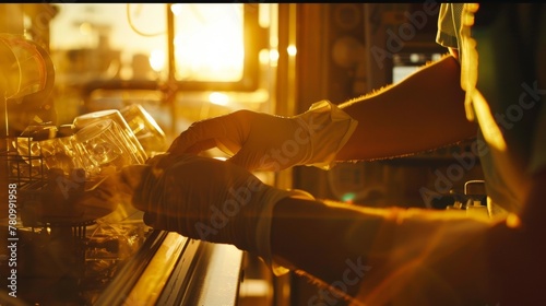 A closeup shot of a paramedics hands as they expertly maneuver medical equipment their gloved fingers working quickly and seamlessly. The golden light filtering through the windows . photo