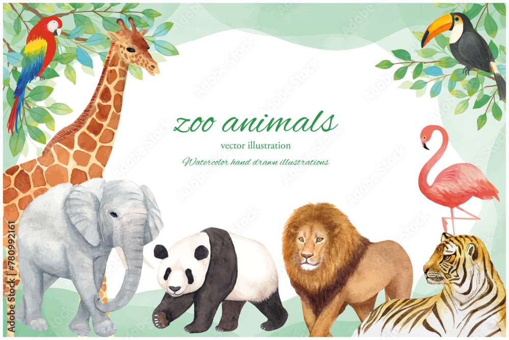 Obraz premium 水彩手書きの動物園の背景イラストフレーム素材