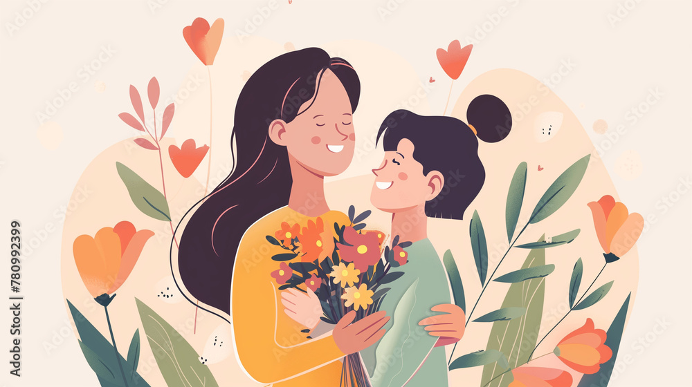 Mother's Day Joy! Daughter Presents Flowers to Mom, Sharing Smiles and Tight Hugs. Embracing the Spirit of Family Togetherness Mother's Day Joy! Daughter Presents Flowers to Mom, Sharing Smiles and Tight Hugs. Embracing the Spirit of Family Togetherness