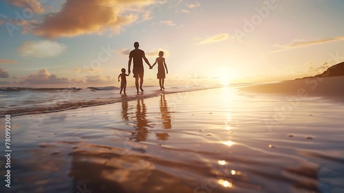 Generative AI : Father and Son Holding Hands Walking Together on the Beach at Sunset