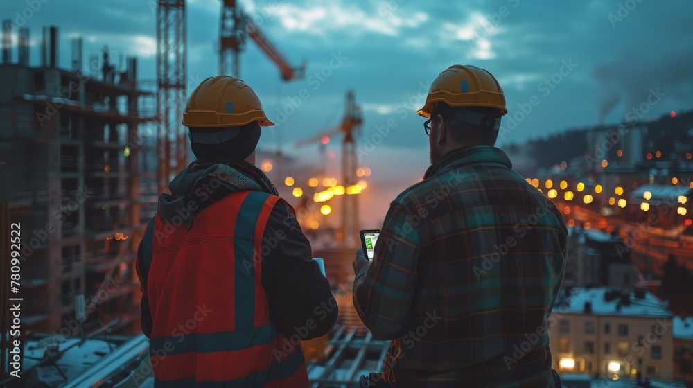 Interaction between Foreman and technician in construction site, Generative AI Interaction between Foreman and technician in construction site, Generative AI