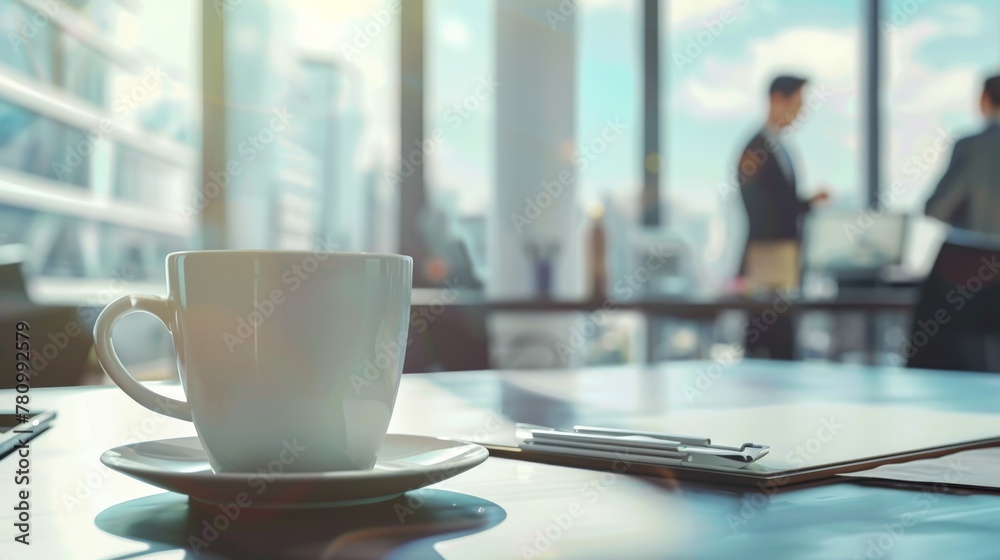 A white cup of coffee in the office in the background with office workers, Generative AI A white cup of coffee in the office in the background with office workers, Generative AI
