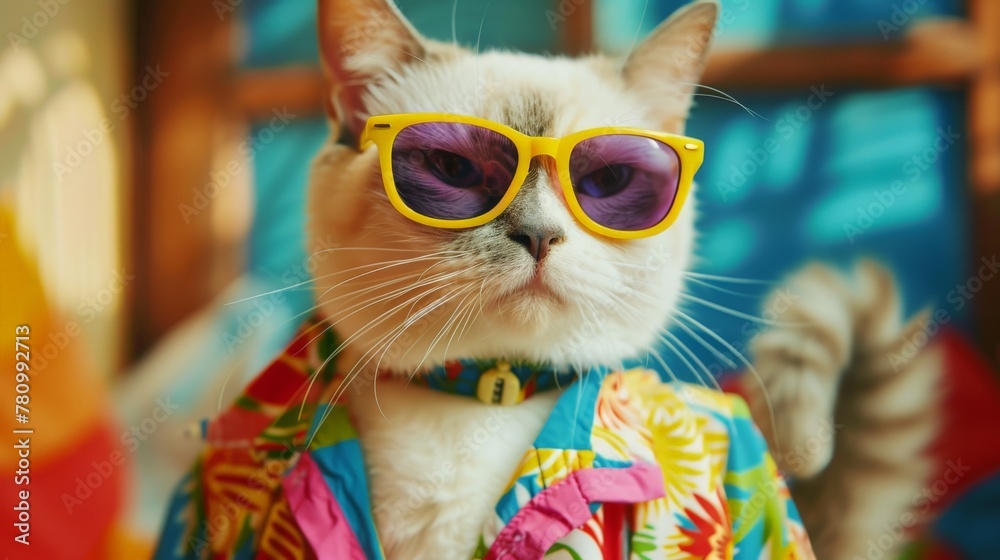 Cat wearing colorful clothes and sunglasses on pastel background, Summer vacation, Generative AI Cat wearing colorful clothes and sunglasses on pastel background, Summer vacation, Generative AI