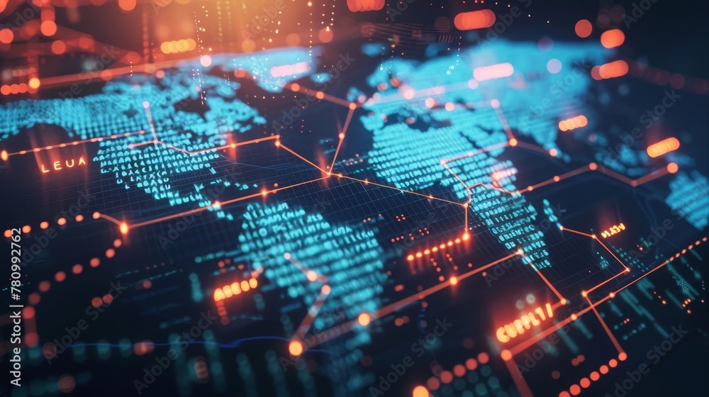 World map with a focus on America, pulsing data streams and cyber connections illustrating global business World map with a focus on America, pulsing data streams and cyber connections illustrating global business