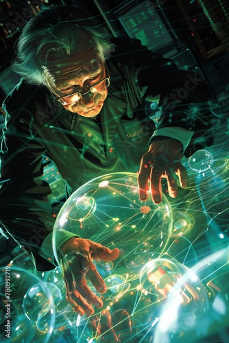 Incorporate a dynamic visual of lesserknown scientists interacting with their inventions surrounded by a glow that symbolizes their innovative ideas The image should convey a sense  photo