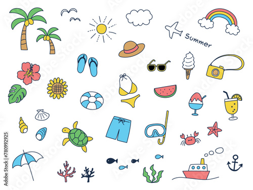 かわいい夏モチーフ手描きセット_ベクターイラスト