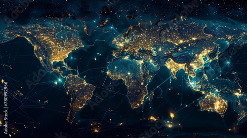 World map and ports illuminated by cybernetic grids, emphasizing the seamless data and information flow worldwide