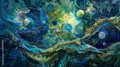 Visionary abstract map, blues and greens weaving a new earth, full of possibilities and wonders