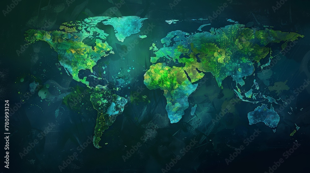 Stylized world map in shades of blue and green, highlighting eco-friendly and sustainable global concepts Stylized world map in shades of blue and green, highlighting eco-friendly and sustainable global concepts