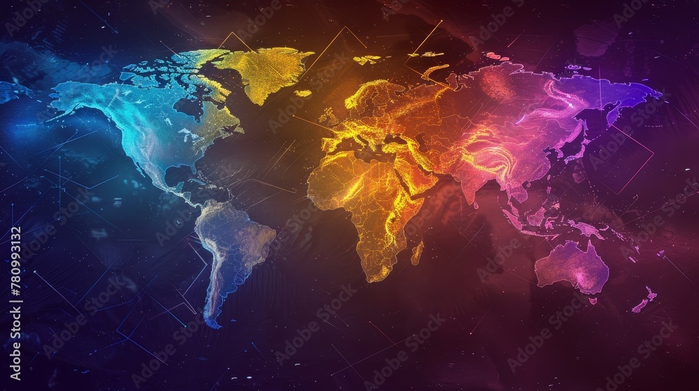 Sleek, modern abstract world map, vibrant colors delineating continents against a dark background - obrazy, fototapety, plakaty 