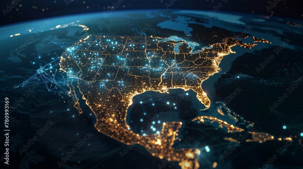 North America illuminated on a digital world map, veins of data transfer highlighting telecommunication networks North America illuminated on a digital world map, veins of data transfer highlighting telecommunication networks
