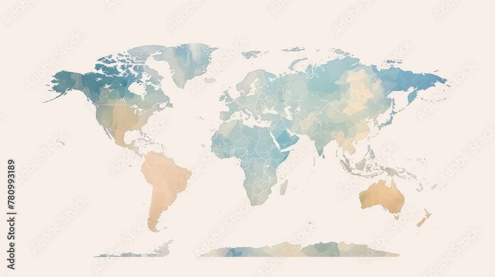 Minimalist world map, clean lines and soft hues capturing the calm and hopeful essence of a new earth