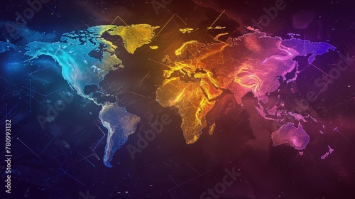 Sleek, modern abstract world map, vibrant colors delineating continents against a dark background photo