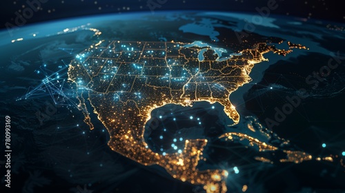North America illuminated on a digital world map, veins of data transfer highlighting telecommunication networks