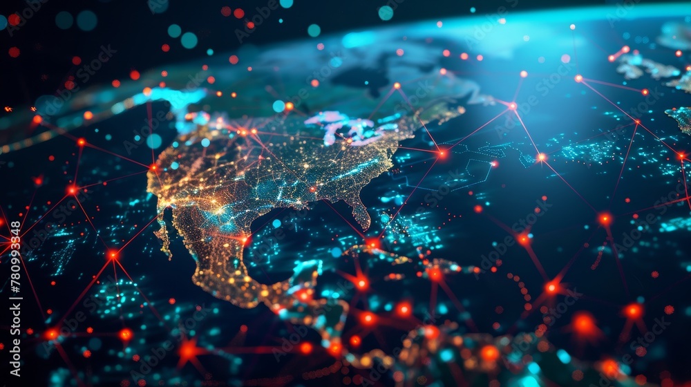 Global network map zooming on East Asia, vibrant data streams and nodes symbolizing cyber technology exchange Global network map zooming on East Asia, vibrant data streams and nodes symbolizing cyber technology exchange