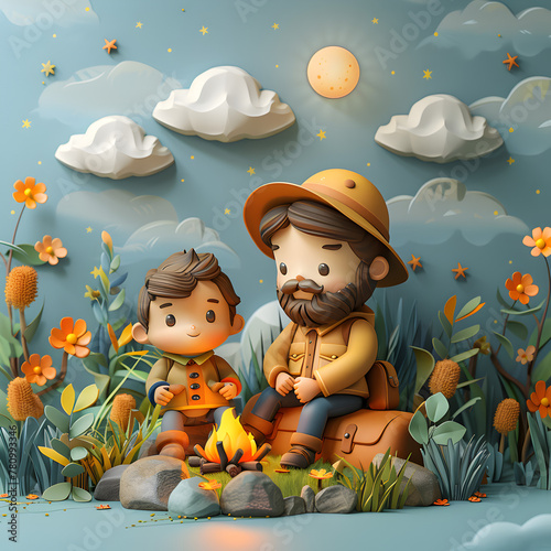 A 3D animated cartoon render of a father and son camping under the stars.