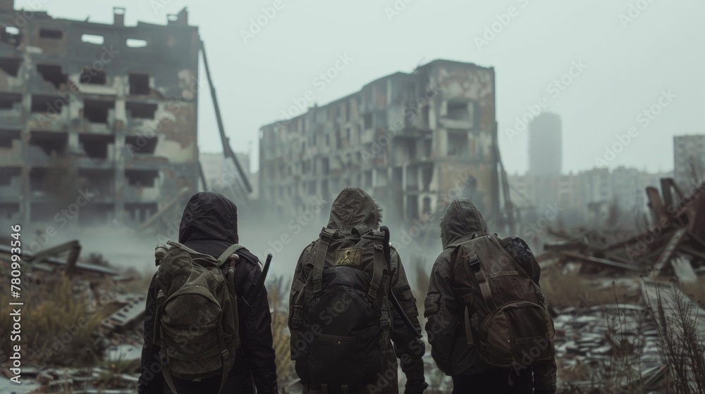 Three explorers faces obscured pressing forward into the unknown as they navigate through a city in ruins. . . Three explorers faces obscured pressing forward into the unknown as they navigate through a city in ruins. . .